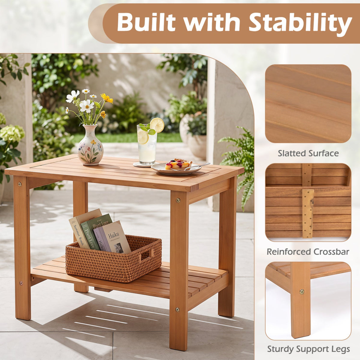 2-Tier Eucalyptus Wood Patio End Table with Storage Shelf 16
