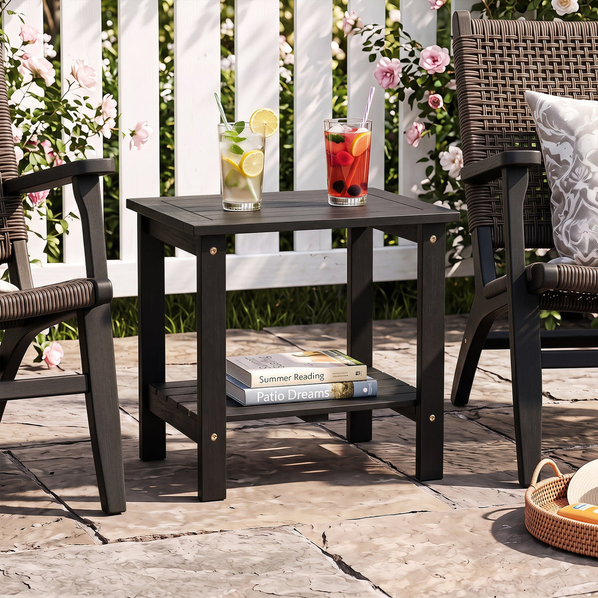 2-Tier Eucalyptus Wood Patio End Table with Storage Shelf 1