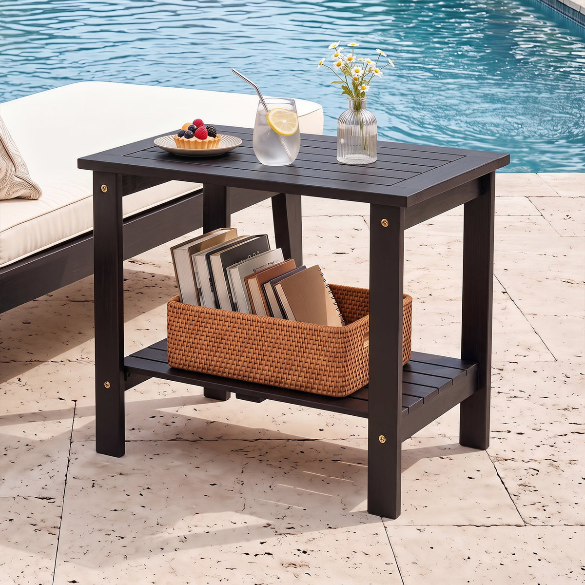 2-Tier Eucalyptus Wood Patio End Table with Storage Shelf 2