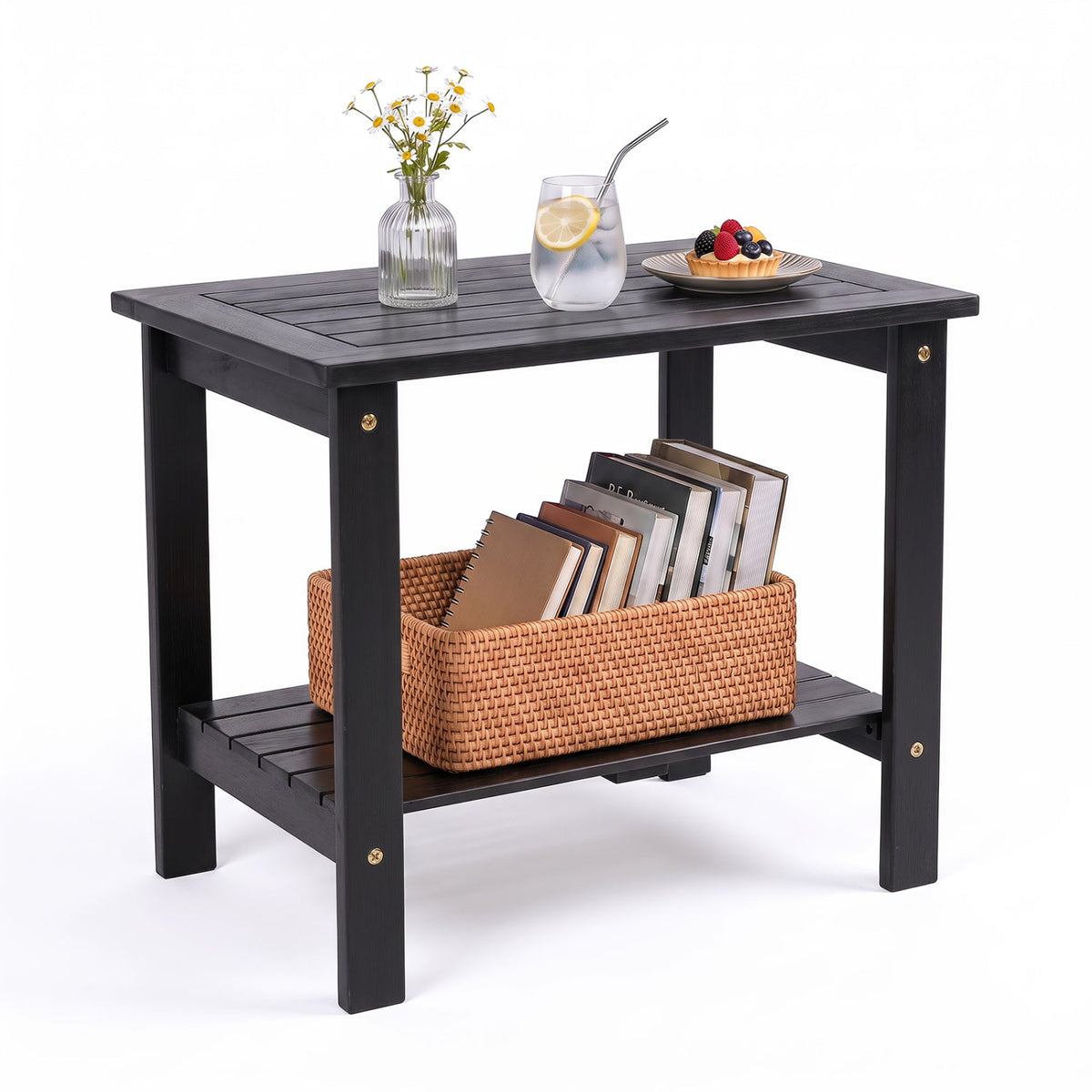 2-Tier Eucalyptus Wood Patio End Table with Storage Shelf 4