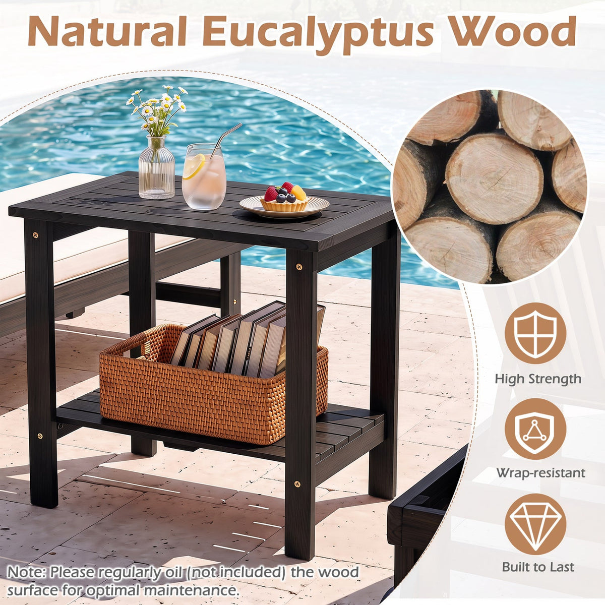 2-Tier Eucalyptus Wood Patio End Table with Storage Shelf 6