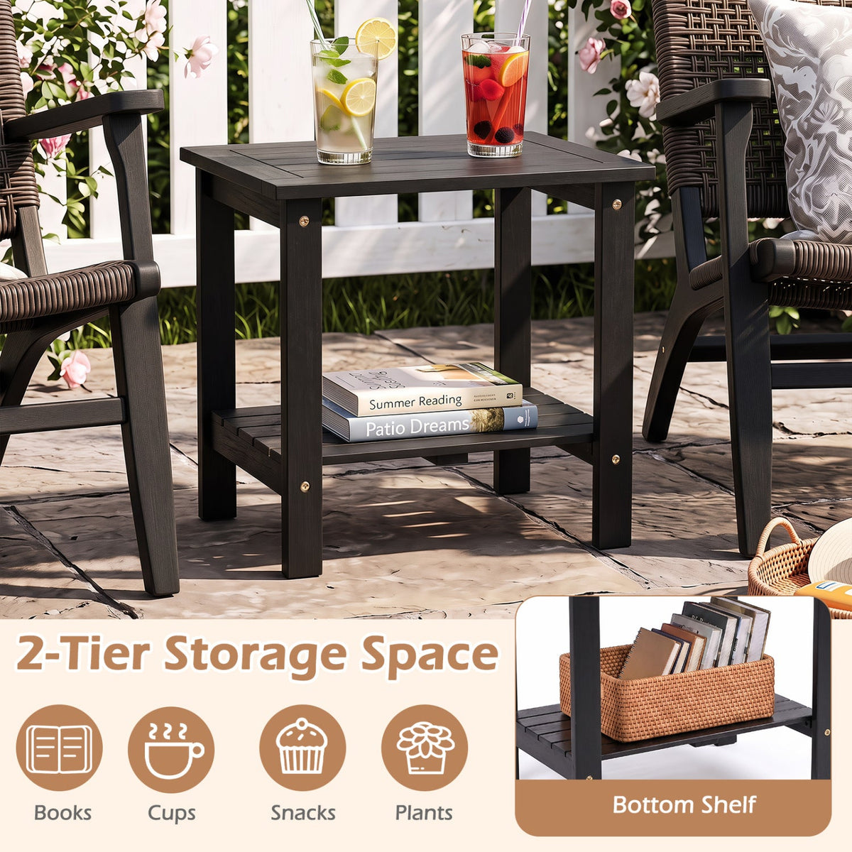 2-Tier Eucalyptus Wood Patio End Table with Storage Shelf 7