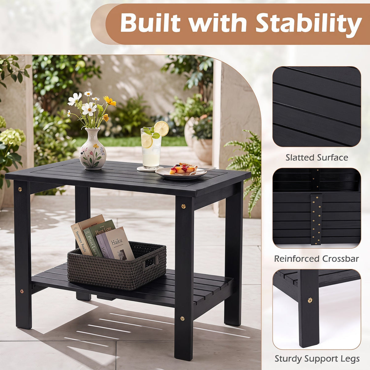 2-Tier Eucalyptus Wood Patio End Table with Storage Shelf 8