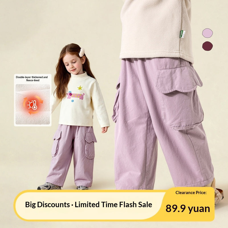 Kids Double-Layer Fleece All-Match Workwear Pants 2