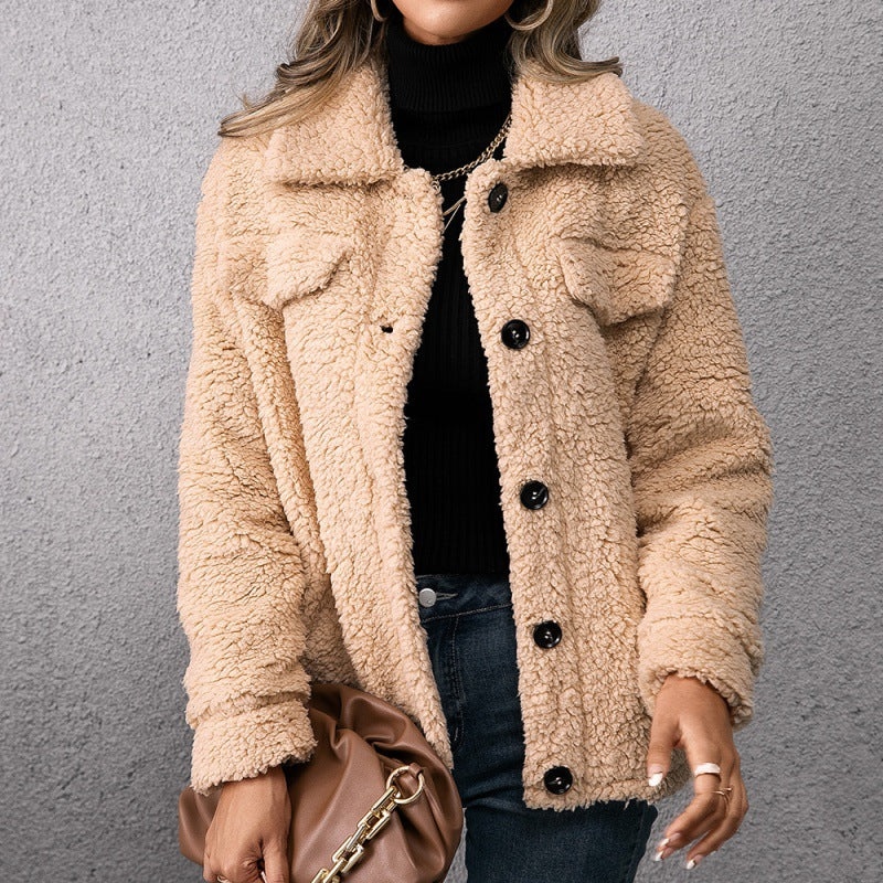 Lapel Single-breasted Fleece Coat Winter Warm Button Pocket Short Jacket Top Women Clothing 8