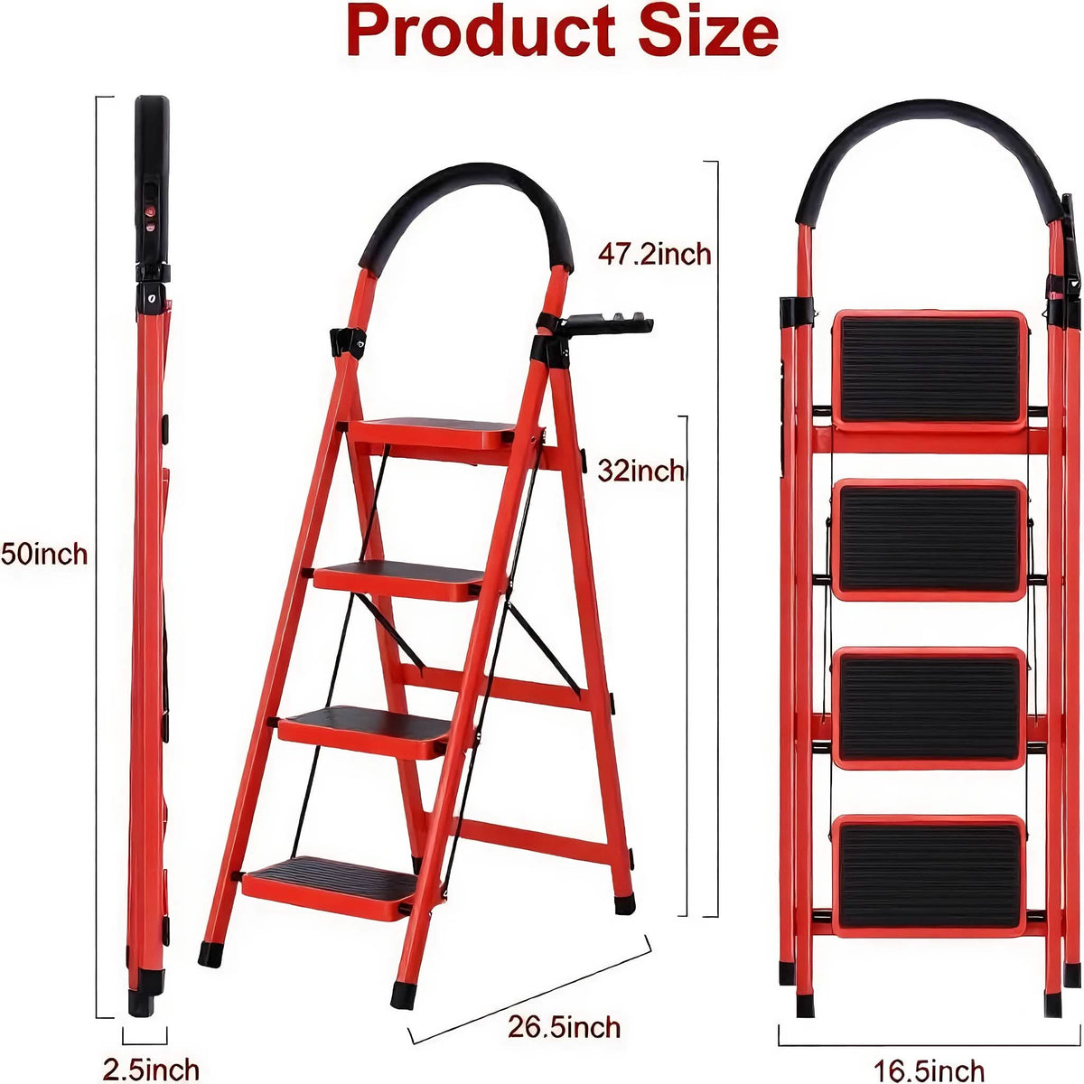 Folding 3/4-Step Ladder – Portable Steel Step Stool, Anti-Slip 3