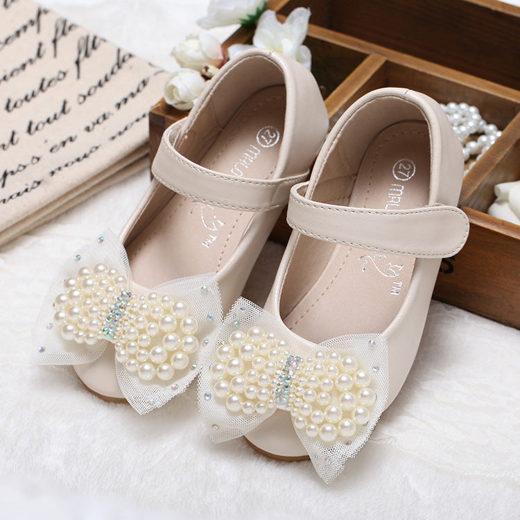 Princess Shoes Girls' Pearl Bow Leather Shoes Wedding Shoes 7