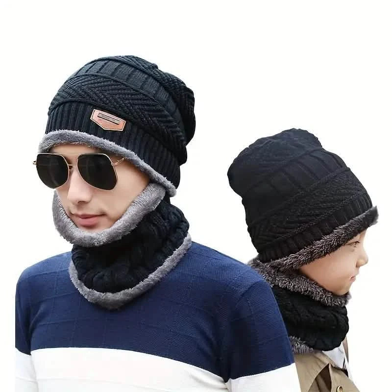 3-Piece Set: Black Knit Hats Warm Beanies Winter Neck Gaiter Elastic Gloves 4