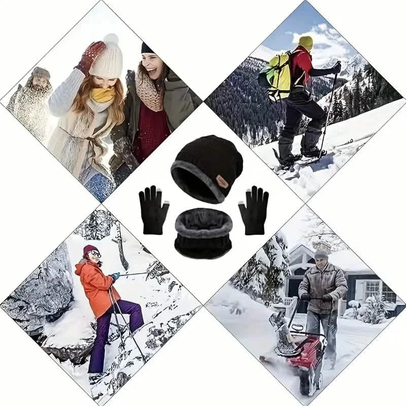 3-Piece Set: Black Knit Hats Warm Beanies Winter Neck Gaiter Elastic Gloves 3