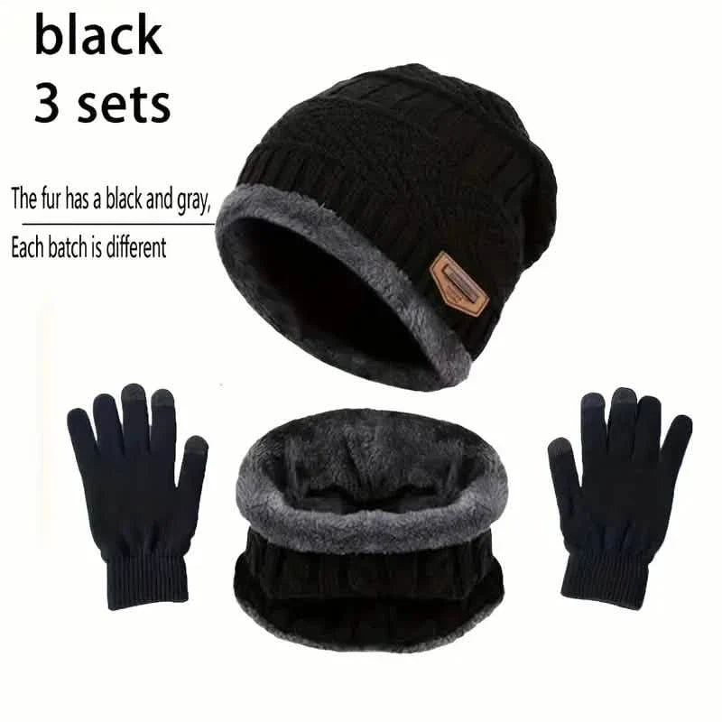 3-Piece Set: Black Knit Hats Warm Beanies Winter Neck Gaiter Elastic Gloves 2