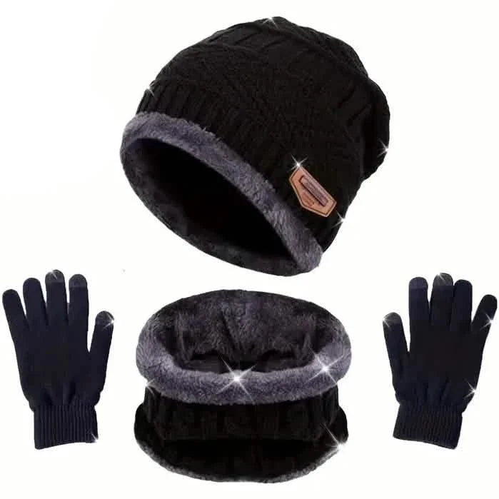 3-Piece Set: Black Knit Hats Warm Beanies Winter Neck Gaiter Elastic Gloves 1