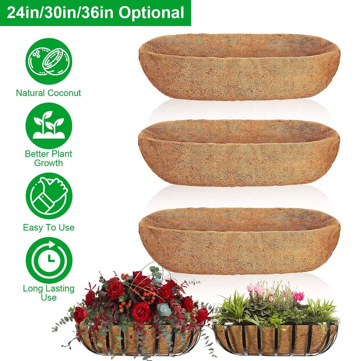 3-Pieces: Trough Coco Basket Half Moon Planter Replacement 4
