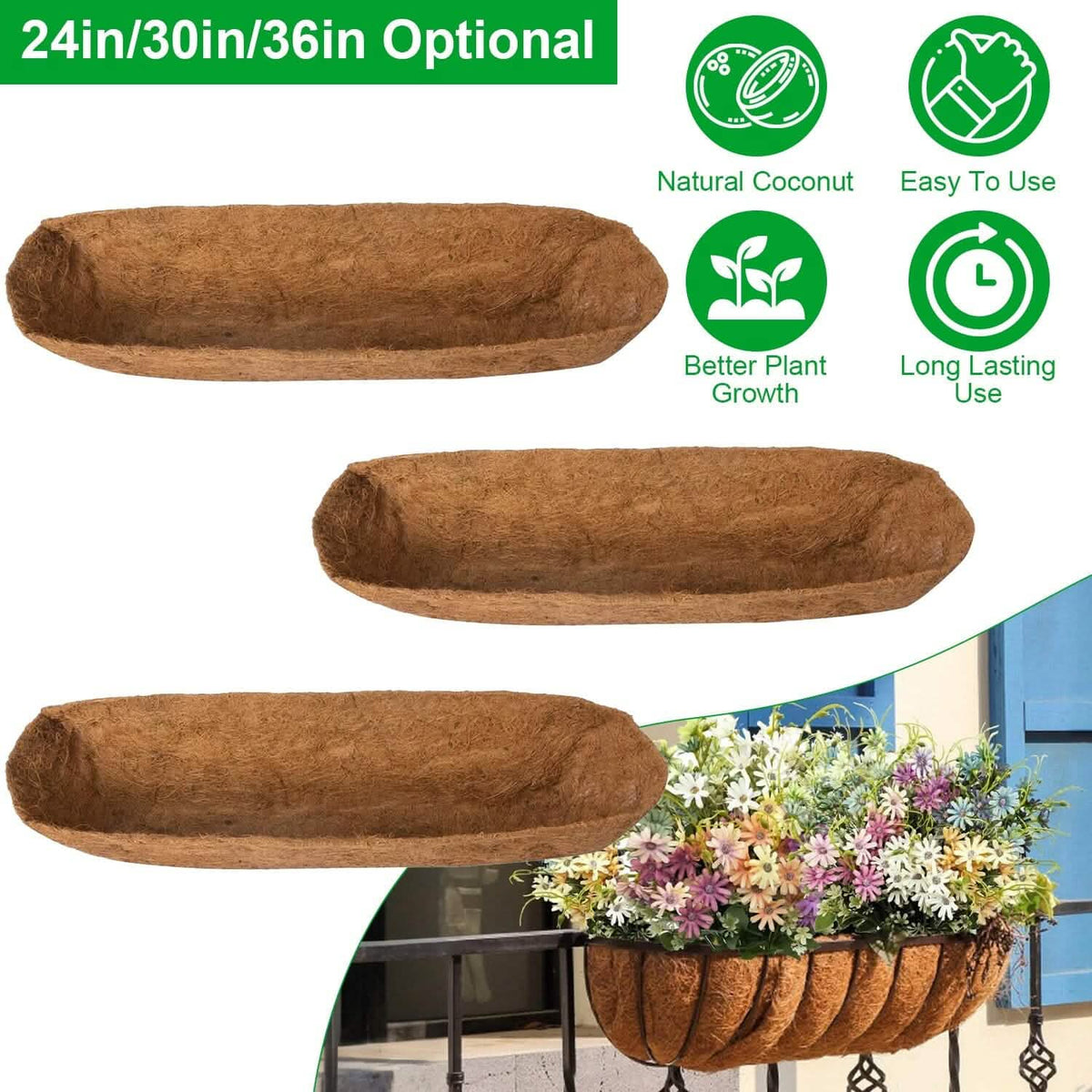 3-Pieces: Trough Coco Basket Half Moon Planter Replacement 7