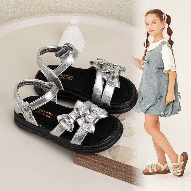 2026 Summer New Ins Fashion Girls Open-Toe Beach Sandals, Bow Decor Cool Princess Style Kids Sandals 2