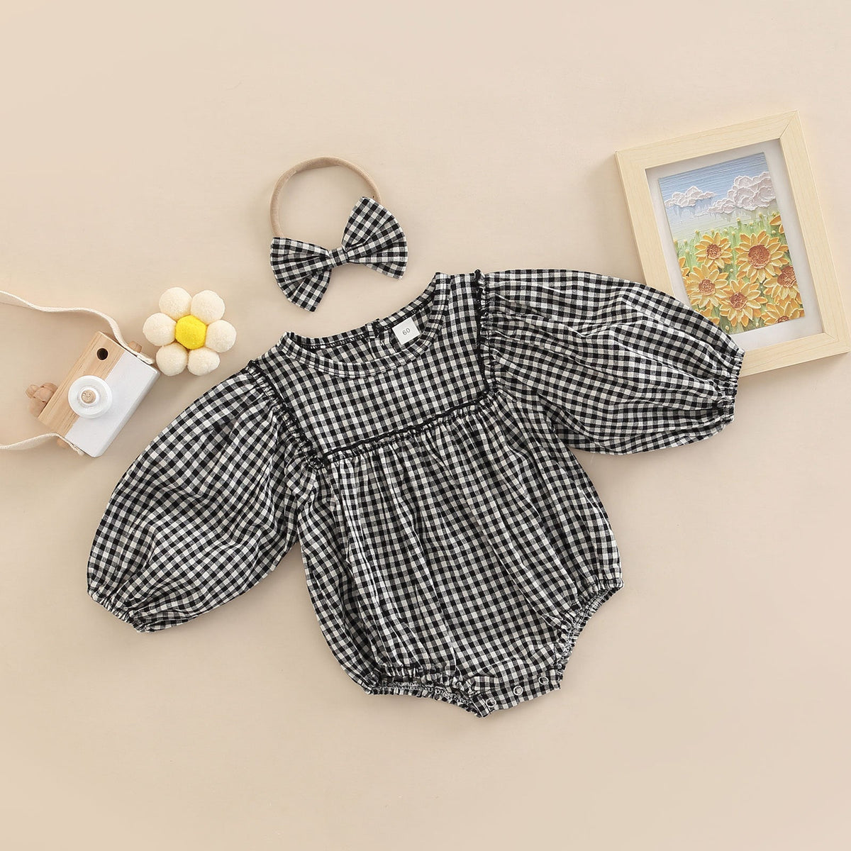 Simple Plaid-Print Long-Sleeve Outfit For Infants And Toddlers 6