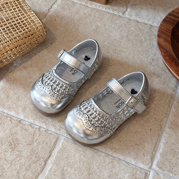 2026 Spring Summer New Korean Style Girls Hollow Out Leather Sandals, Woven Style Princess Shoes, Kids Soft Sole Breathable Versatile Flats 5