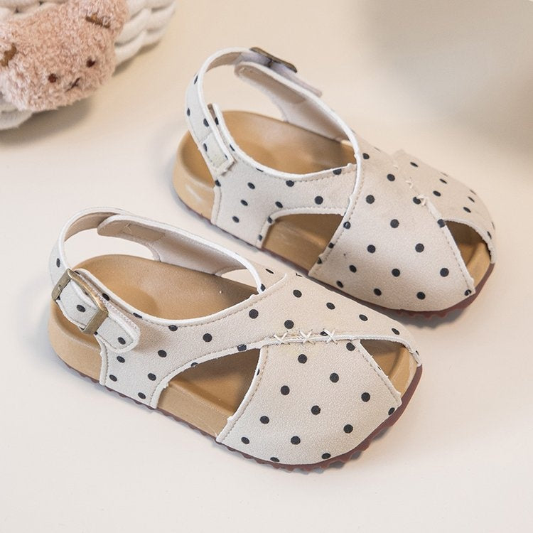 2026 Summer New Kids Polka Dot Birken Roman Sandals, Retro Fish Mouth Beach Shoes, Soft Sole Princess Shoes For Girls, Skirt Matching Flats 5