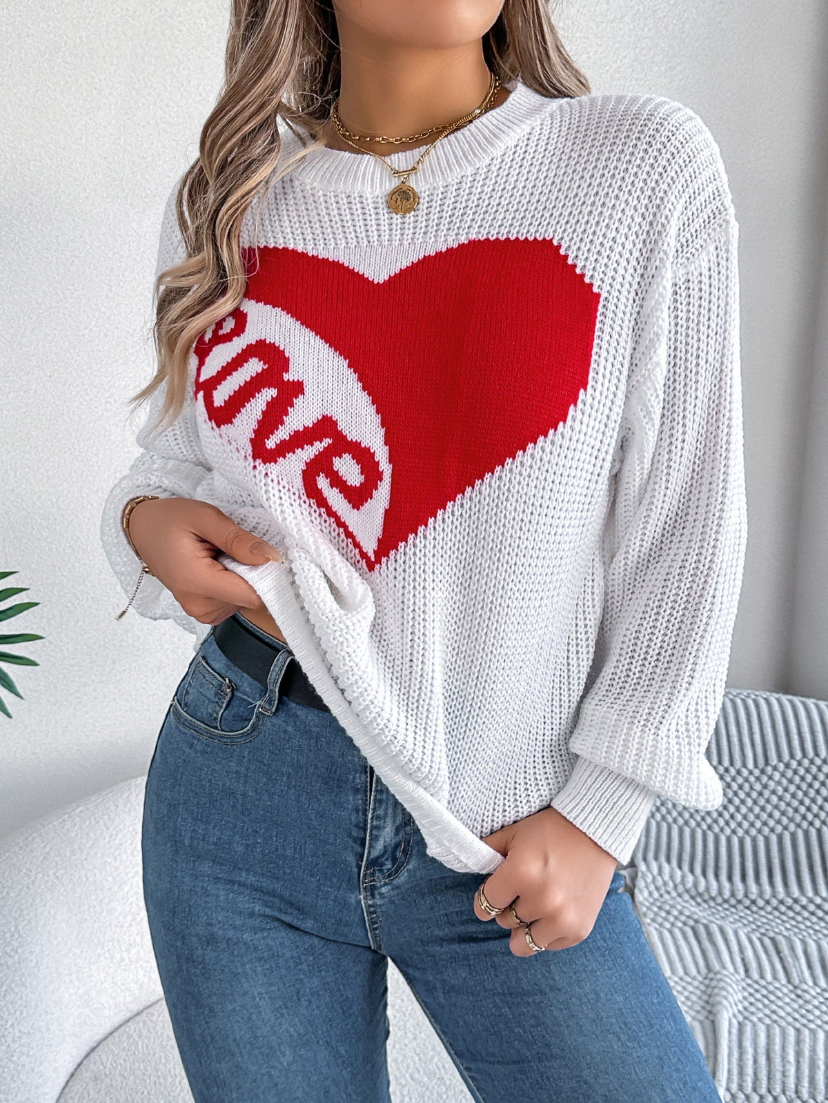 Love Print Pullover Sweater Autumn And Winter Loose Long-sleeved Knitted Tops For Women Valentine's Day Clothing 6