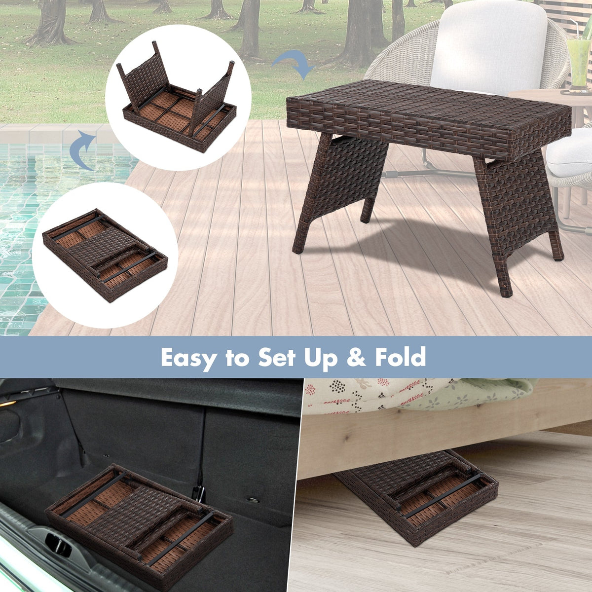 Folding PE Rattan Side Coffee Table Patio Garden Furniture 5
