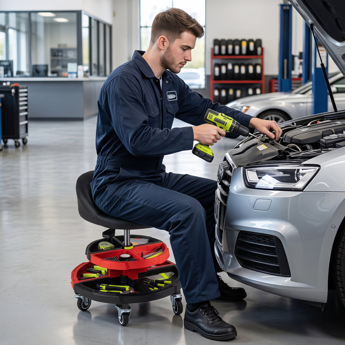 Rolling Mechanic Stool with Adjustable Height & Tool Trays 1