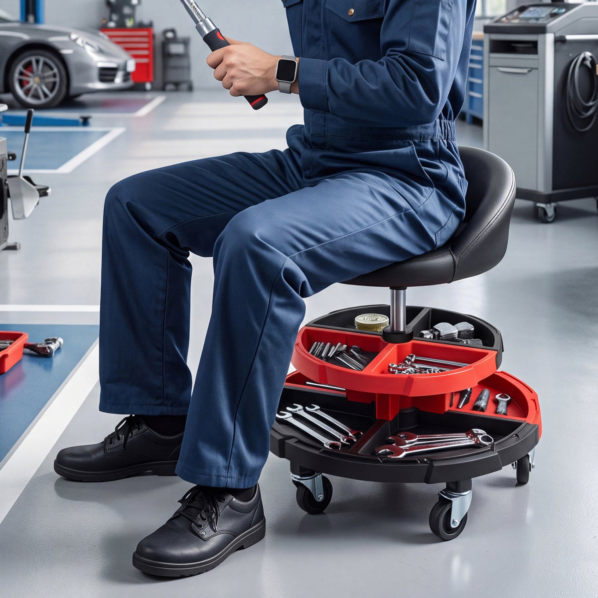 Rolling Mechanic Stool with Adjustable Height & Tool Trays 2