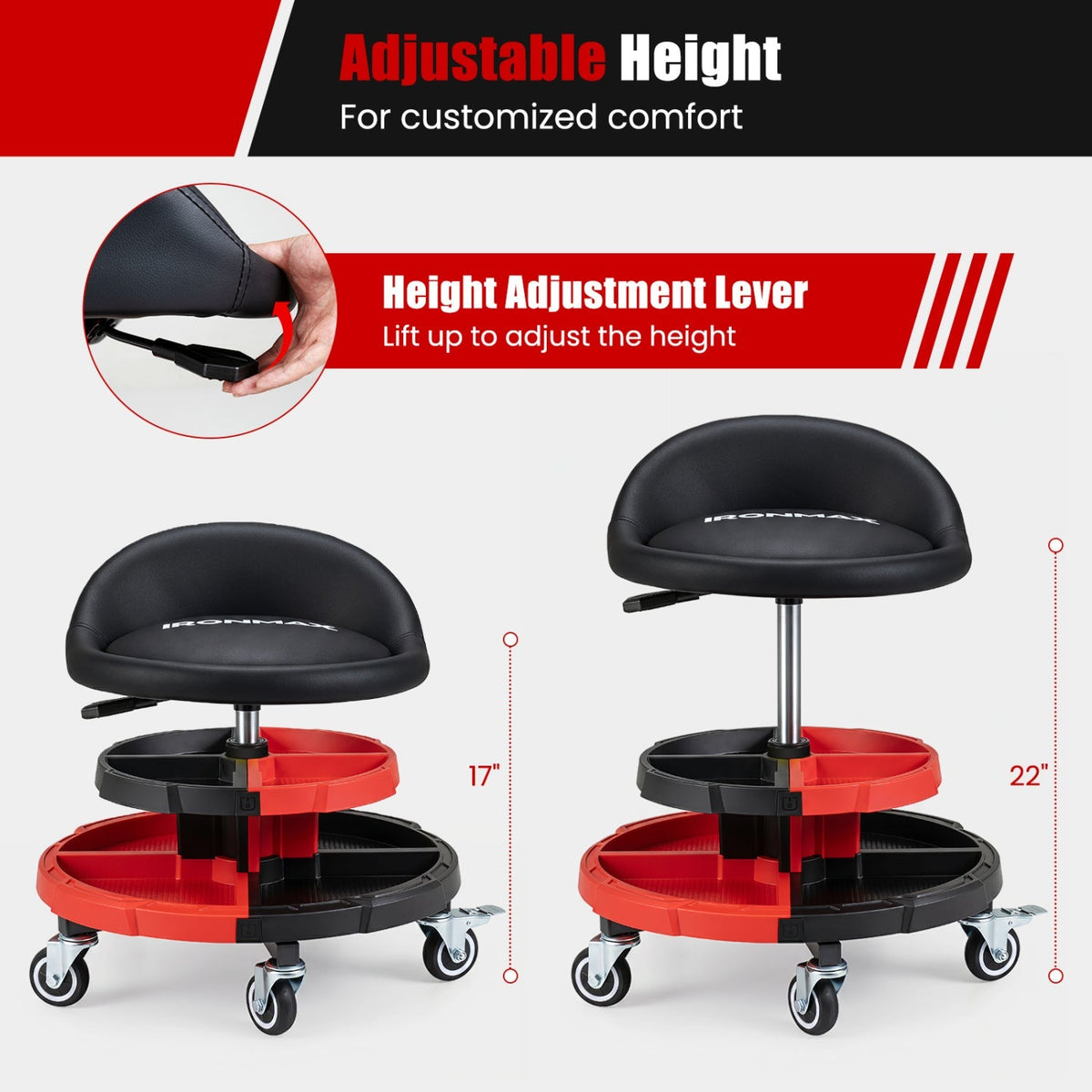 Rolling Mechanic Stool with Adjustable Height & Tool Trays 6