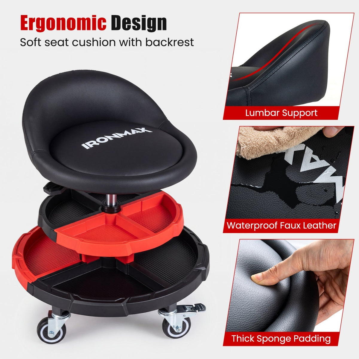 Rolling Mechanic Stool with Adjustable Height & Tool Trays 7
