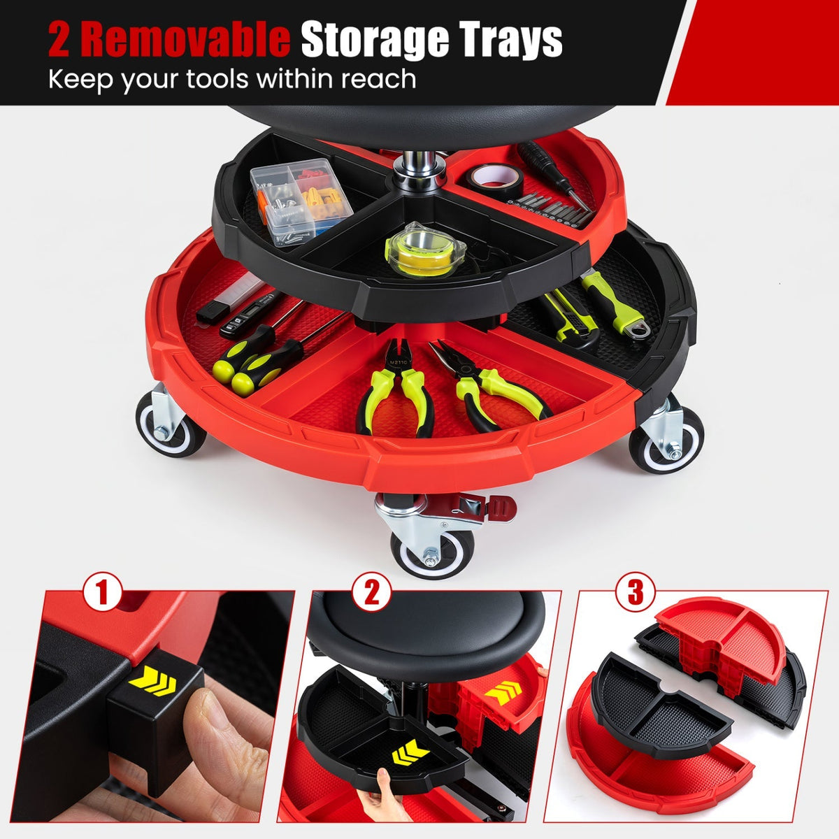 Rolling Mechanic Stool with Adjustable Height & Tool Trays 8