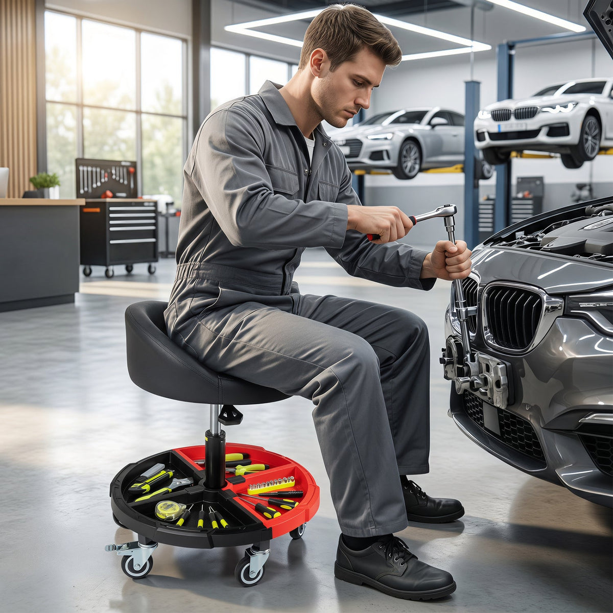 Rolling Mechanic Stool with Adjustable Height & Tool Tray 1