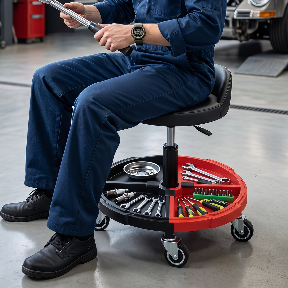 Rolling Mechanic Stool with Adjustable Height & Tool Tray 2