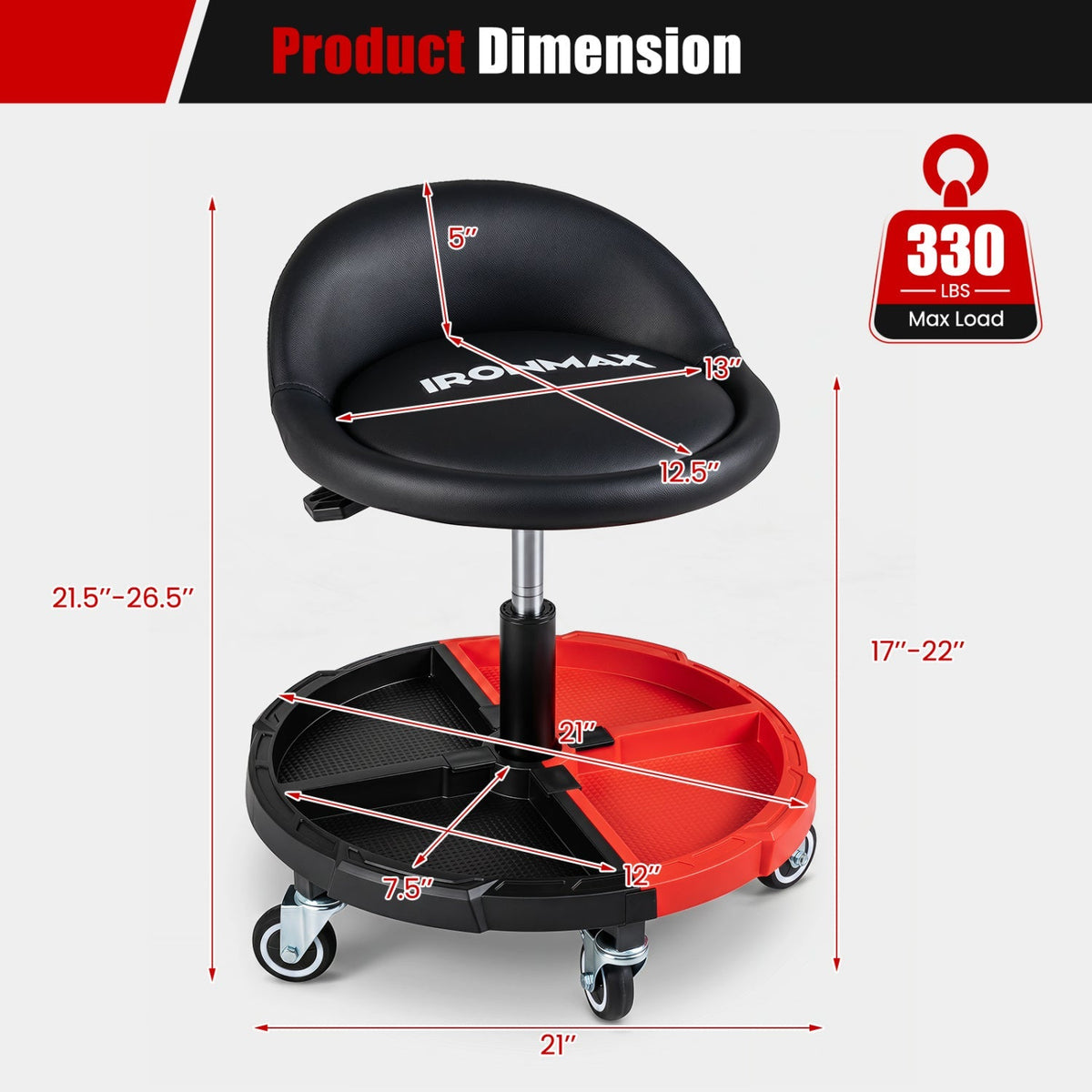 Rolling Mechanic Stool with Adjustable Height & Tool Tray 5