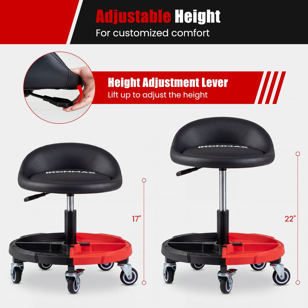 Rolling Mechanic Stool with Adjustable Height & Tool Tray 6