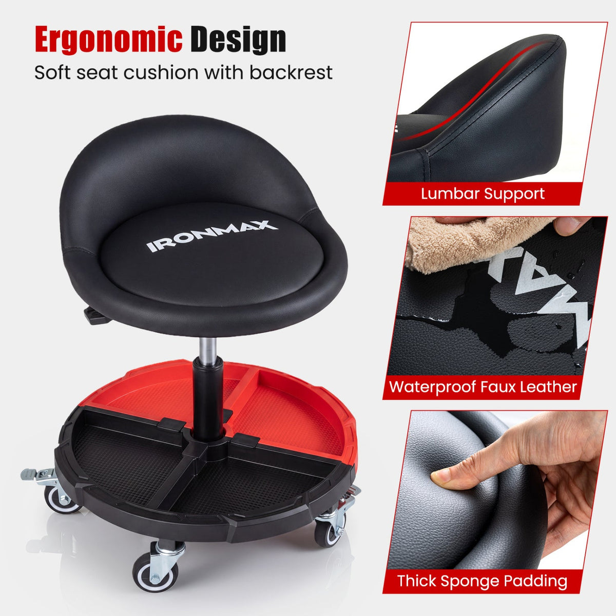 Rolling Mechanic Stool with Adjustable Height & Tool Tray 7