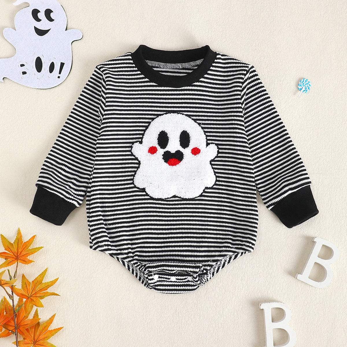 Baby Girl Waffle Knit Striped Long Sleeve Romper with Ghost Embroidery 2