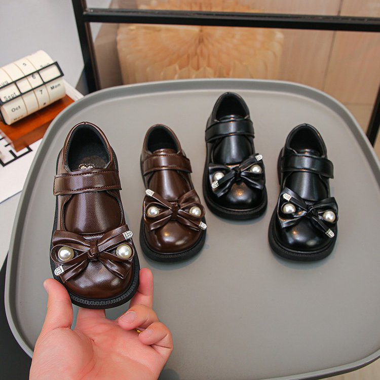 Girls' Leather Shoes, Black Performance Single Shoes, Baby Girls' Bow Princess Shoes, Bean Shoes 1
