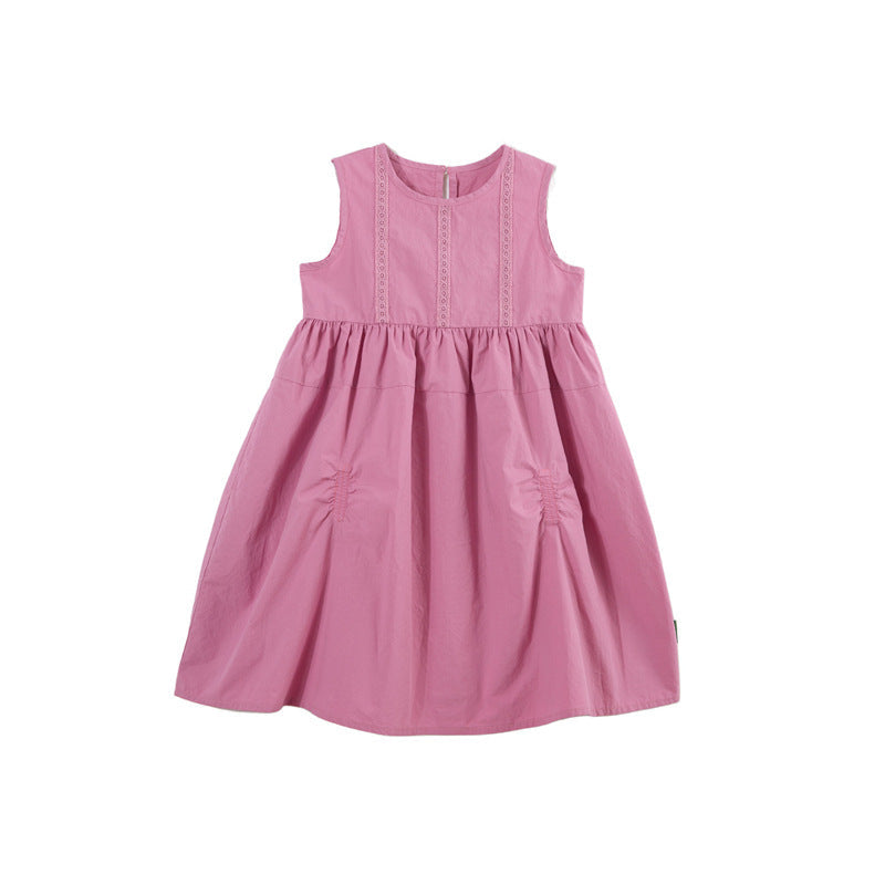 Solid-color Ruched Lace-Patchwork Vest Dress For Girls 5