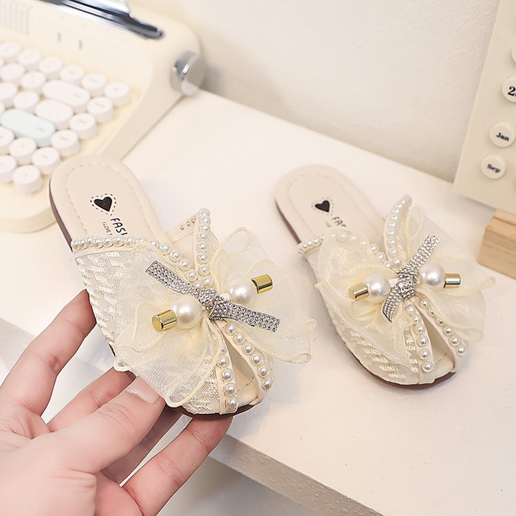 Girls' Children's Slippers Summer Style Fish Mouth Outdoor Half Drag Sandals Fashionable Middle-aged Children's Bow One Line Cool Drag 1