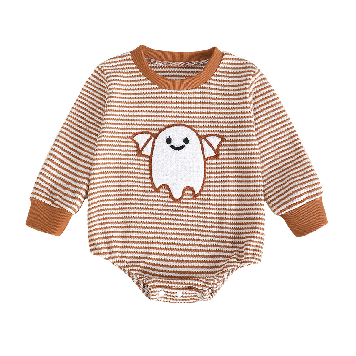 Baby Girl Waffle Knit Striped Long Sleeve Romper with Ghost Embroidery 5
