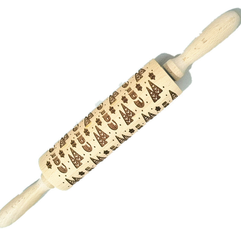 Wooden Rolling Pin Beech Wood Laser Engraved Printing Rolling Pin Christmas Flip Sugar Cookie Pressing Stick 8