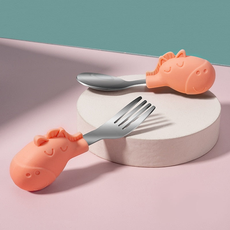 Baby Gadgets Tableware Set Children Utensil Stainless Steel Toddler Dinnerware Cutlery Cartoon Infant Food Feeding Spoon Fork 6