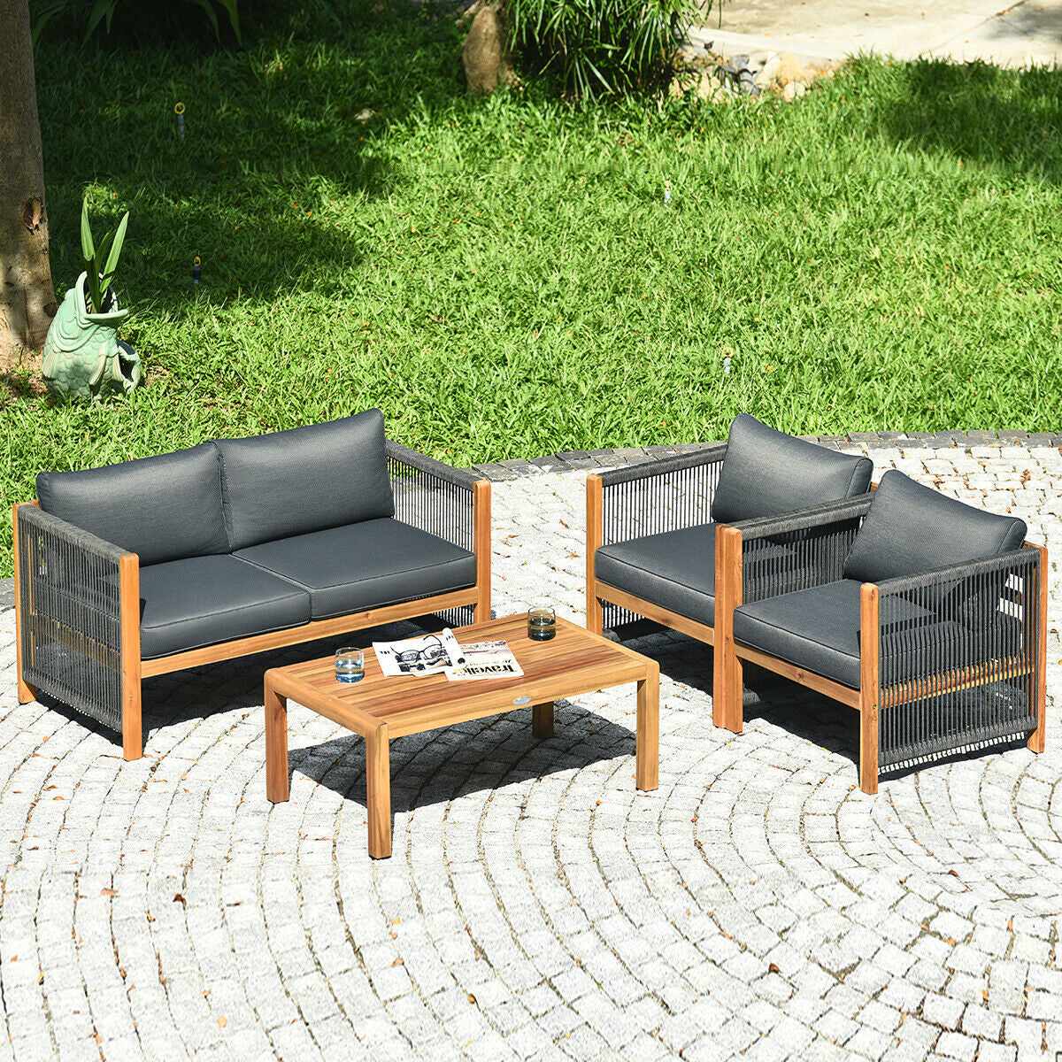 4 Pieces Acacia Wood Outdoor Patio Furniture Set with Cushions 2