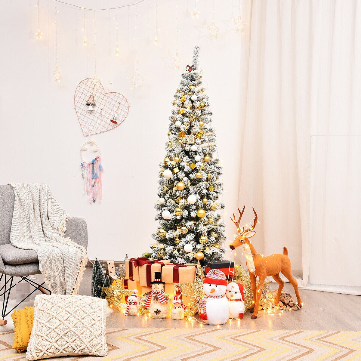6 Feet Unlit Hinged Snow Flocked Artificial Pencil Christmas Tree with 500 Branch Tip 8