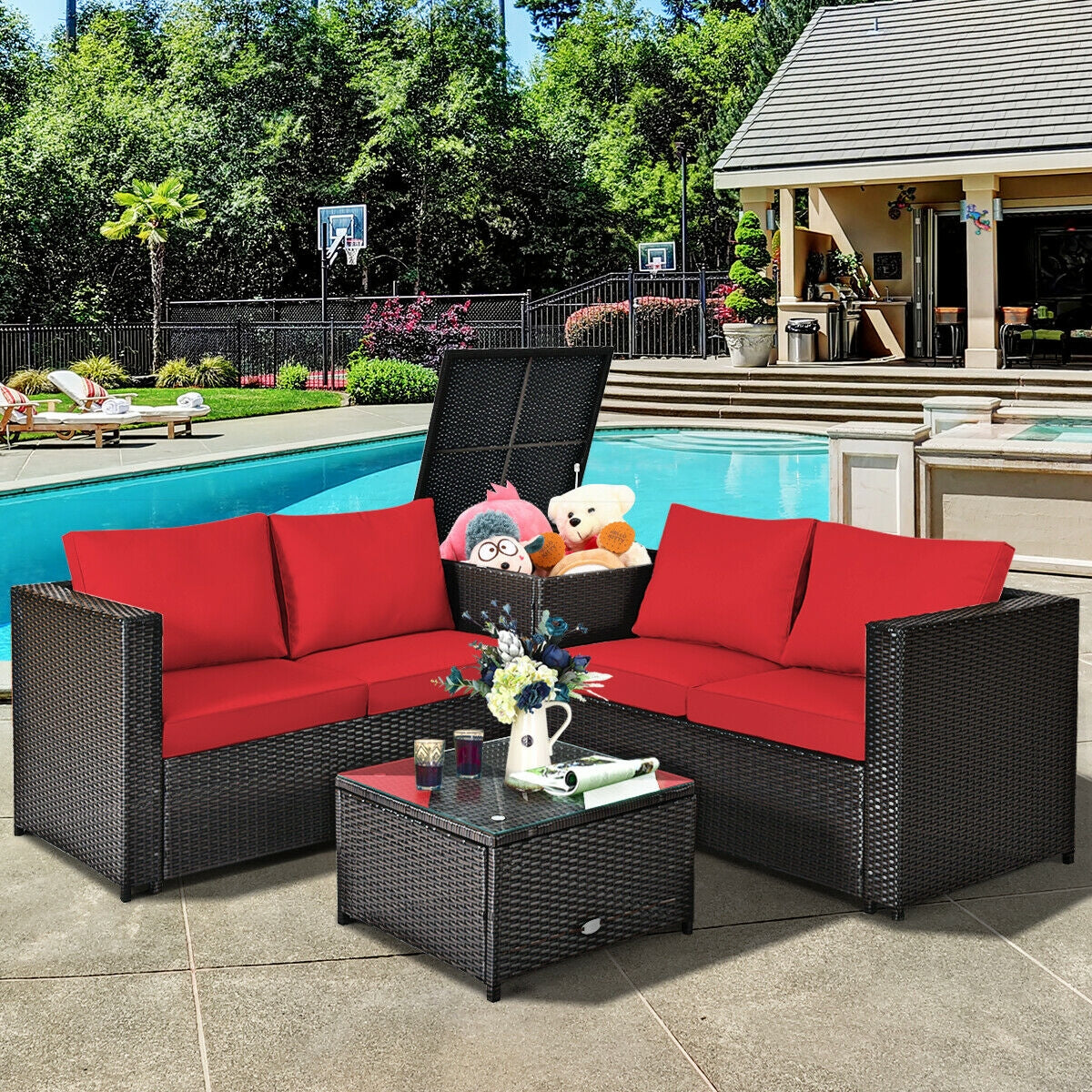 4 Pieces Outdoor Patio Rattan Furniture Set with 1