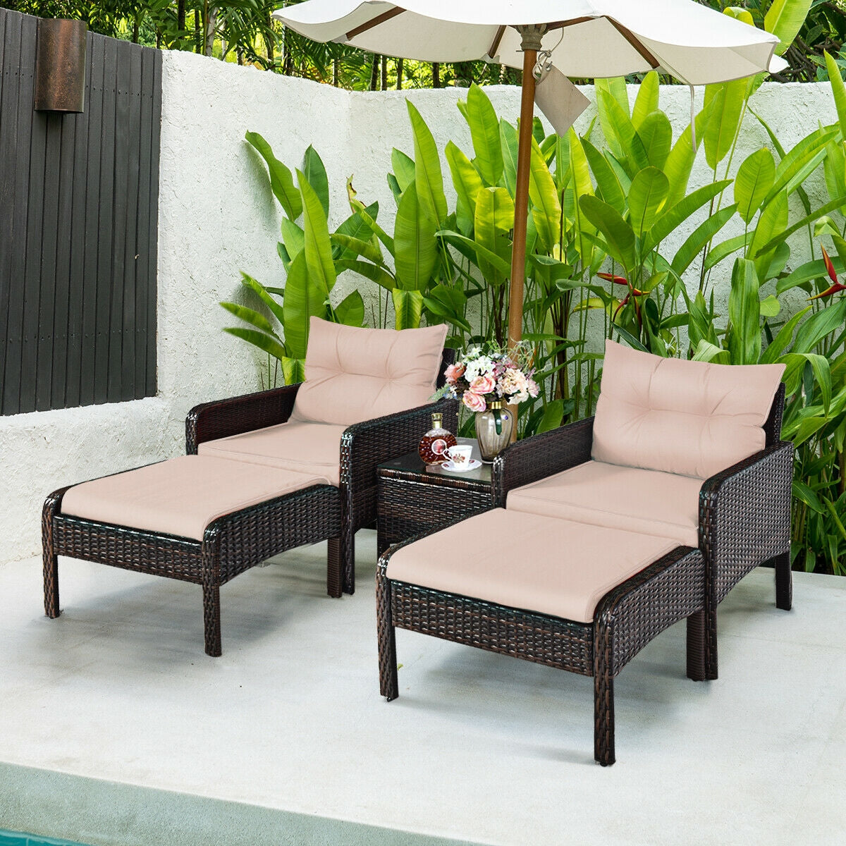 5 Pieces Patio Rattan Sofa Ottoman Furniture Set with Cushions-Black 1