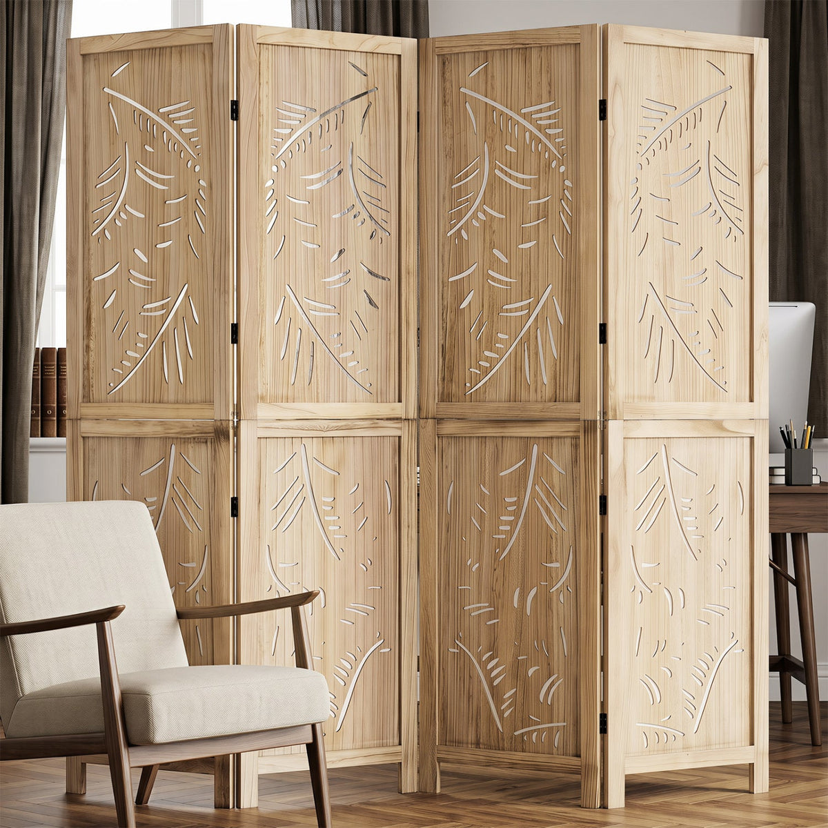 4-Panel Wooden Room Divider with Palm Leaf Design, 67" Tall 1