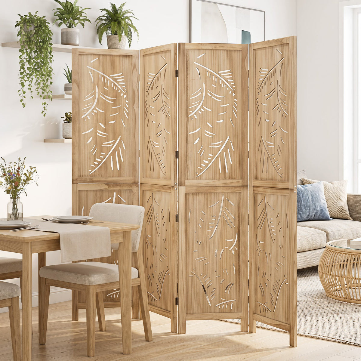 4-Panel Wooden Room Divider with Palm Leaf Design, 67" Tall 2