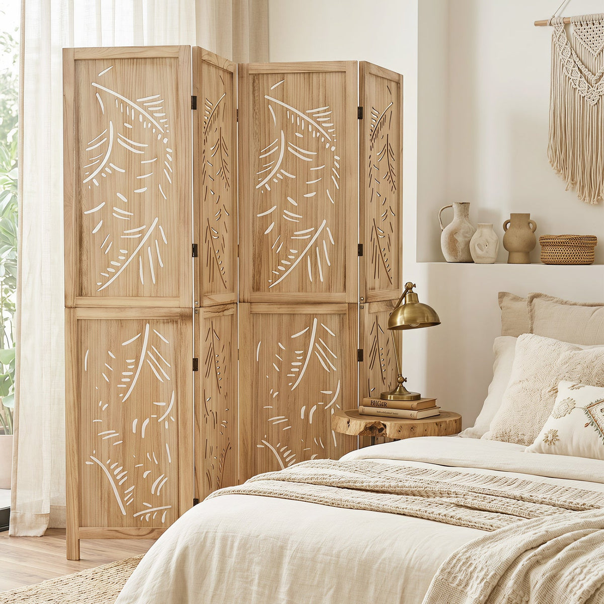 4-Panel Wooden Room Divider with Palm Leaf Design, 67" Tall 5
