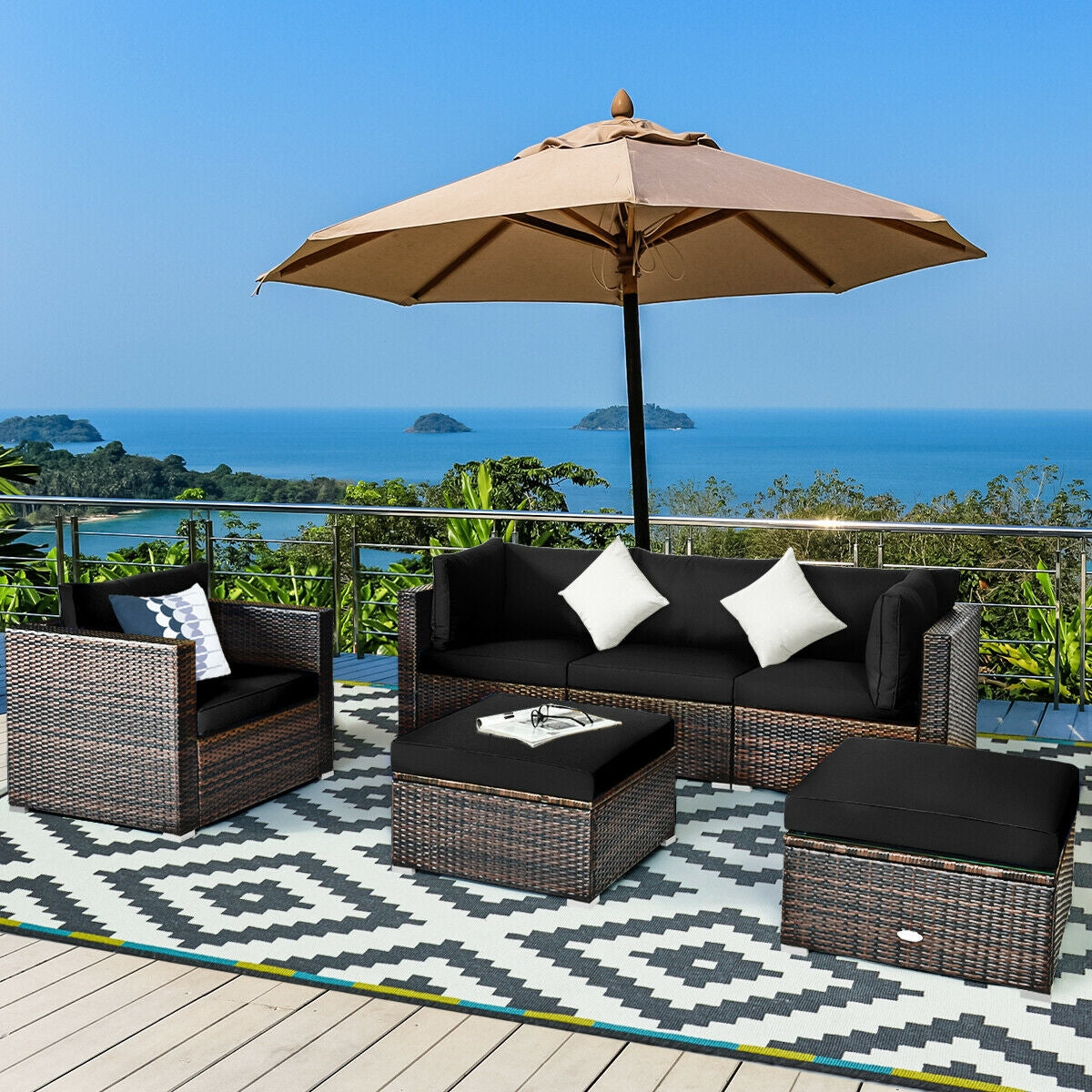 6 Pcs Patio Rattan Furniture Set with Sectional Cushion 6