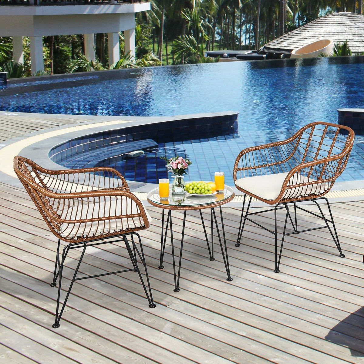 3-Piece Rattan Bistro Set with Cushions and Glass Table 1