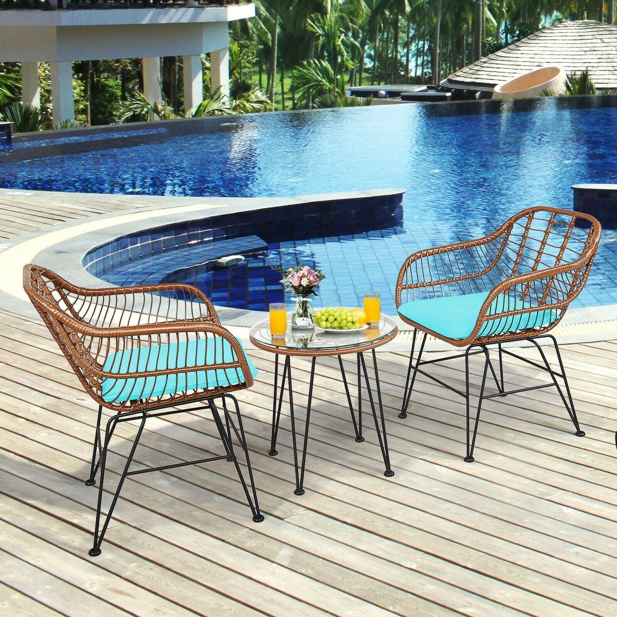 3-Piece Rattan Bistro Set with Cushions and Glass Table 9